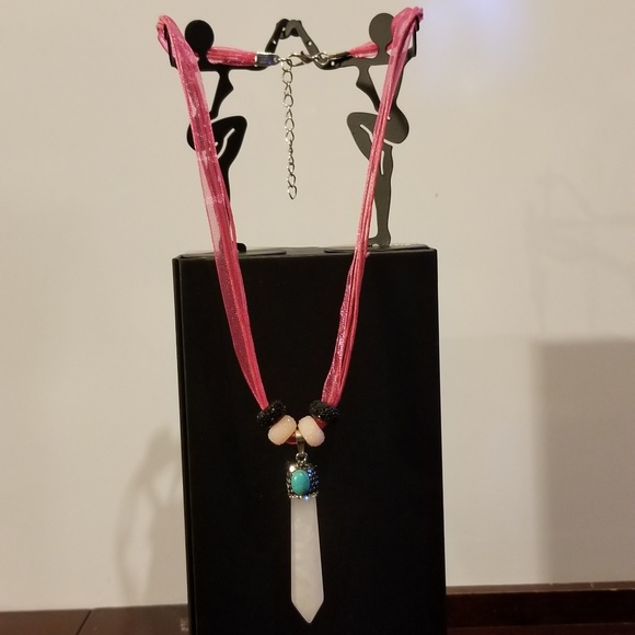 Rose Quartz Pave Crystal Pendulum Necklace - Picture 3 of 3